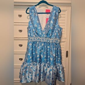 NWT Lilly Pulitzer Fabiana Lunar Blue White Floral Jacquard V-Neck Dress Sz 16